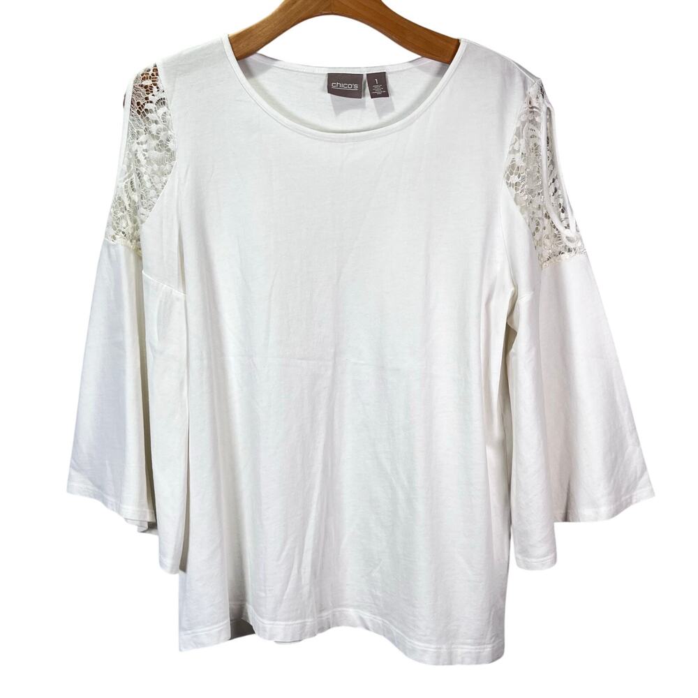 Chico's Lace Flutter Sleeve Blouse Classic Minimalist Sz M Boho Flowy Hippie Top